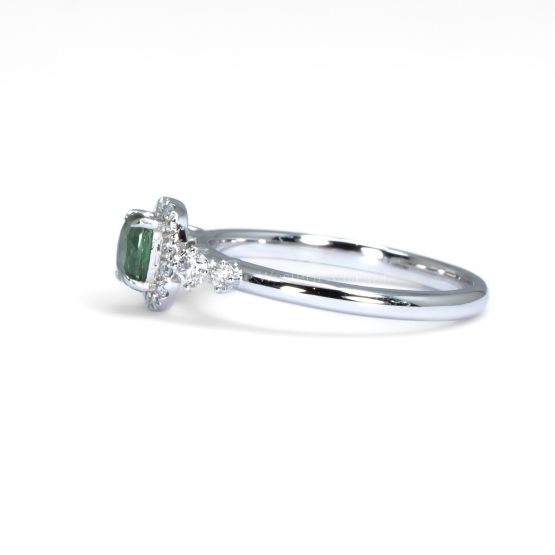 side view of Platinum Alexandrite Ring with Diamond Halo and Side Accents