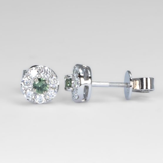 side and front view of Australian Teal Sapphire Halo Stud Earrings in 9K Gold