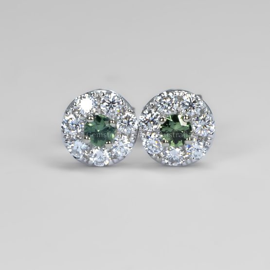 front view of Australian Teal Sapphire Halo Stud Earrings in 9K Gold