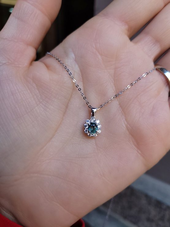 photo on hand of Oval Alexandrite Pendant with Diamond Halo in Platinum - 1982845