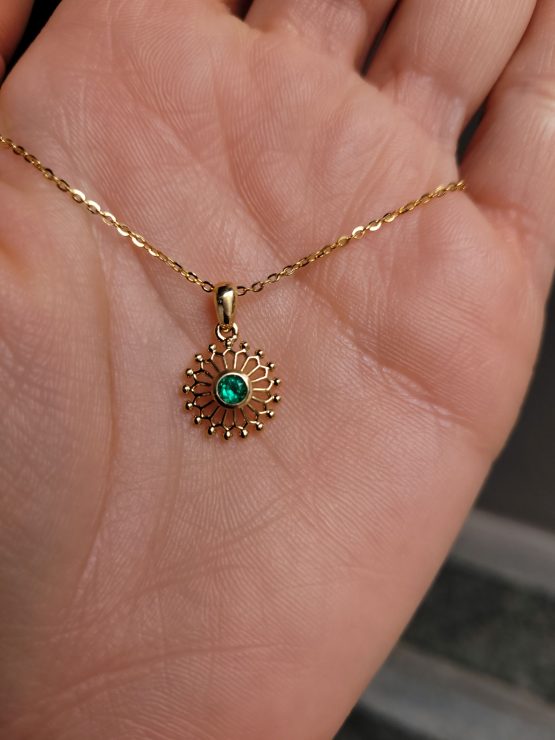 photo on hand Sunburst Pendant with Natural Round Colombian Emerald in 18K Yellow Gold - 1982857