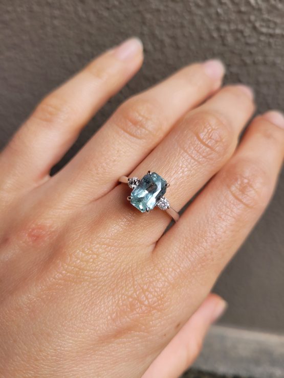 view on hand of Radiant Cut Unheated Green Sapphire Ring in White Gold - 1982859