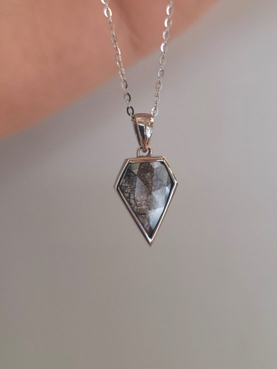 photo on hand of Salt and Pepper Diamond Pendant in 18K White Gold – Shield Cut - 1982867