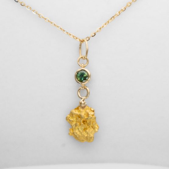 front view of Natural Gold Nugget Pendant with Green Australian Sapphire in 18K Yellow Gold - 1982850