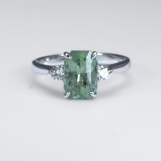 front view of Radiant Cut Unheated Green Sapphire Ring in White Gold - 1982859