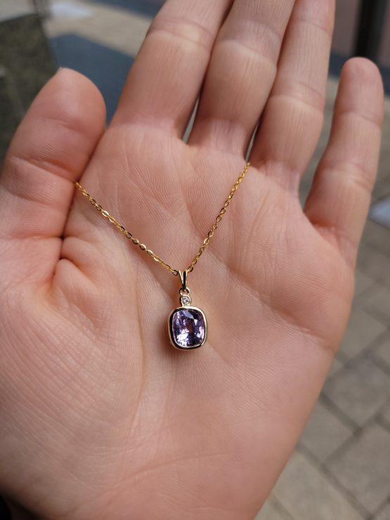 view on hand of Soft Pink Sapphire Pendant in 18K Yellow Gold with Diamond - 2.58ct Cushion Cut - 1982876