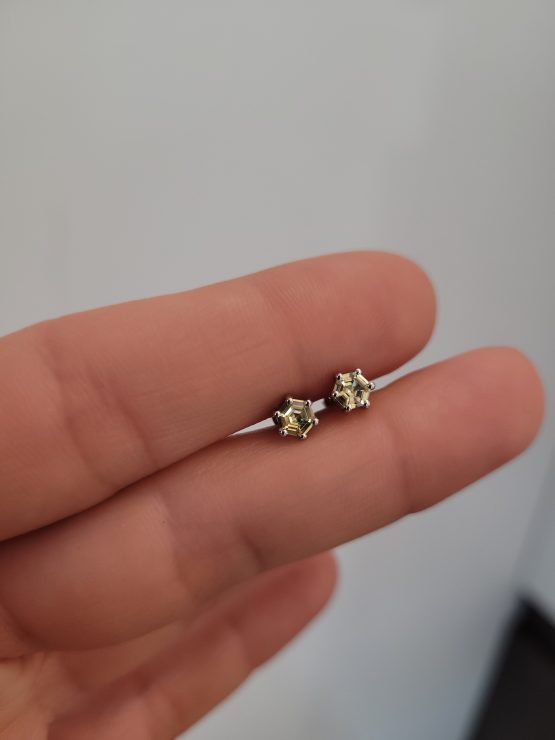 view on hand of Lime Green Sapphire Studs in Platinum with Hexagonal Cut Sapphires - 1982886