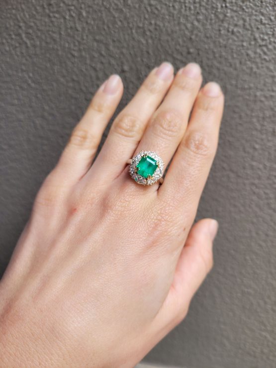 view on hand of Emerald Statement Ring with Diamond Halo in 18K Gold and Platinum - 1982878