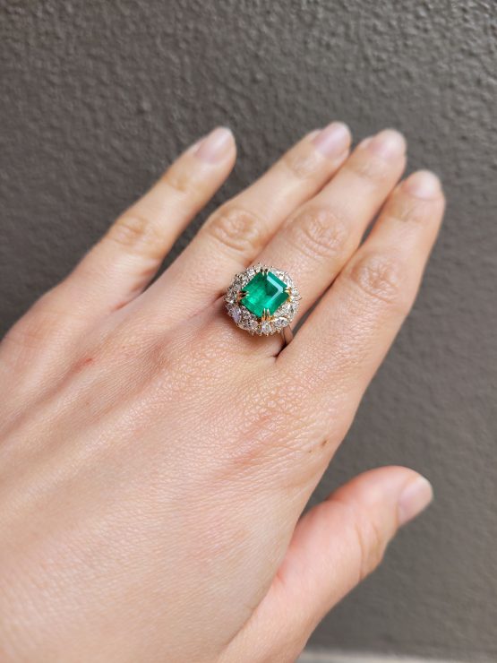 second view on hand of Emerald Statement Ring with Diamond Halo in 18K Gold and Platinum - 1982878