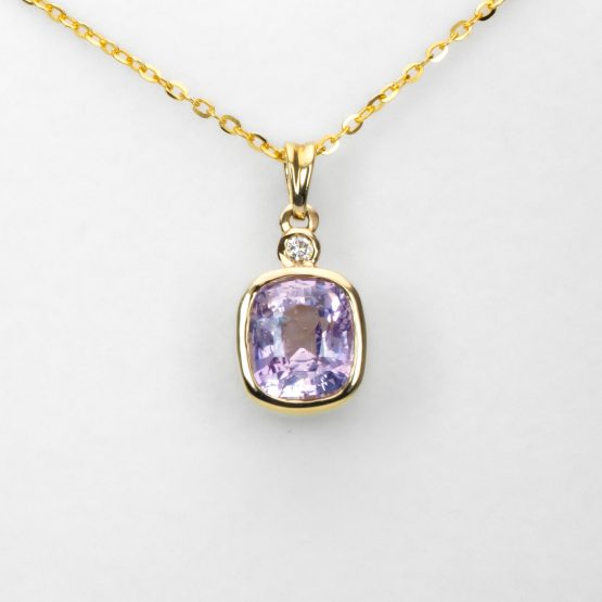 front view of Soft Pink Sapphire Pendant in 18K Yellow Gold with Diamond - 2.58ct Cushion Cut - 1982876