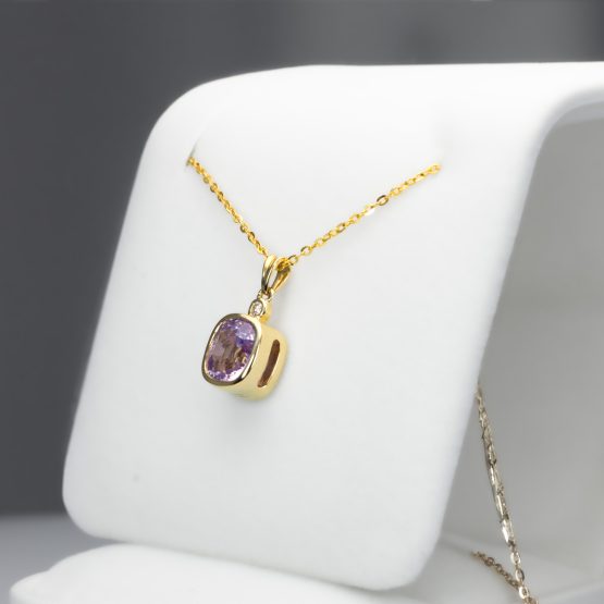 side view of Soft Pink Sapphire Pendant in 18K Yellow Gold with Diamond - 2.58ct Cushion Cut - 1982876