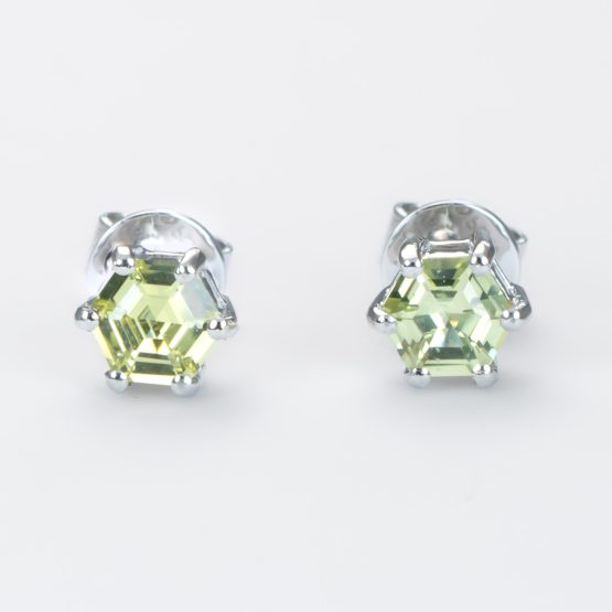 front view of Lime Green Sapphire Studs in Platinum with Hexagonal Cut Sapphires - 1982886