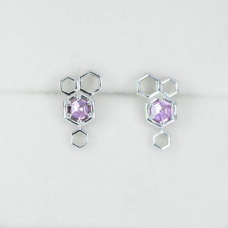 view on stand of Hexagon Pink Sapphire Earrings in Platinum with Honeycomb Design - 1982885