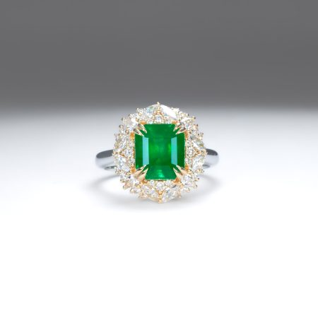 front view of Emerald Statement Ring with Diamond Halo in 18K Gold and Platinum - 1982878
