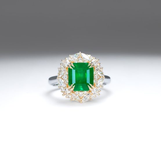 front view of Emerald Statement Ring with Diamond Halo in 18K Gold and Platinum - 1982878