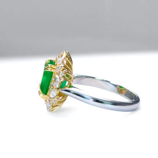 side view of Emerald Statement Ring with Diamond Halo in 18K Gold and Platinum - 1982878