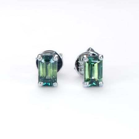 front view of Teal Sapphire Stud Earrings in Platinum with Emerald Cut Australian Sapphires - 1982880