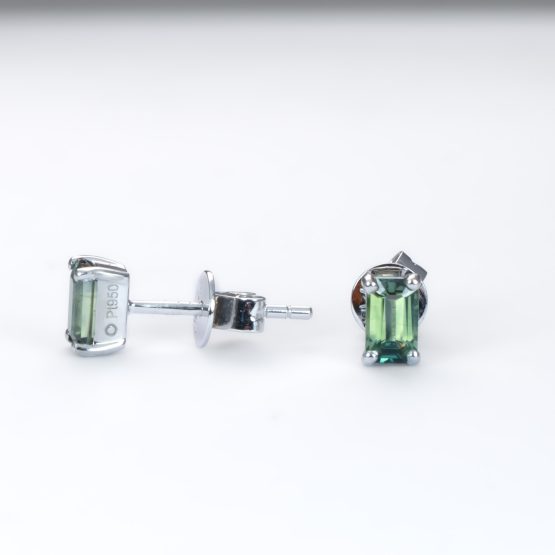 side view of Teal Sapphire Stud Earrings in Platinum with Emerald Cut Australian Sapphires - 1982880