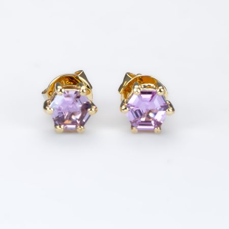 front view of Pink Sapphire Stud Earrings in 18K Yellow Gold with Hexagonal Cut Gemstones - 1982879